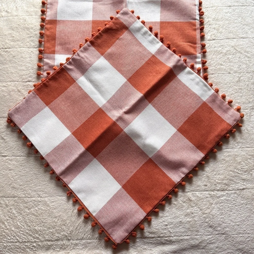 Fall Pillow Covers - Set of 2 Buffalo Orange and White Plaid, Pumpkin, Pom Poms